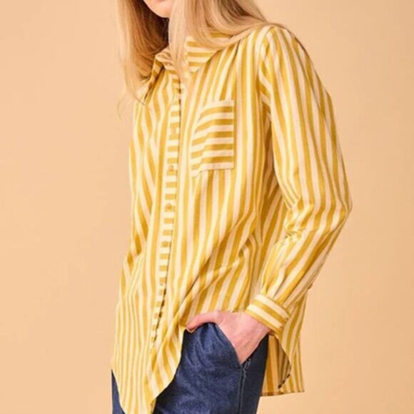 NEW Hunter Bell Miles Stripe Button Down Long Sleeve Pocket Top Yellow Size: S